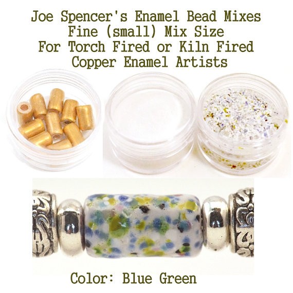 Blue Green Enamel Bead Frit with base and Hand Cut Copper Beads for metal artist using a torch or kiln